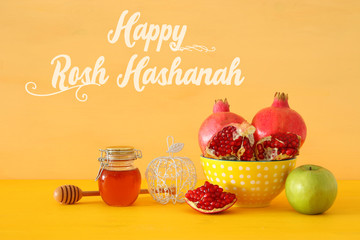 Rosh hashanah (jewish New Year holiday) concept. Traditional symbols.