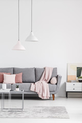 Wall Mural - Lamps above table on carpet in bright living room interior with pink blanket on grey sofa. Real photo