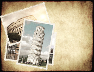 Sticker - Vintage travel background with retro photos of european landmarks