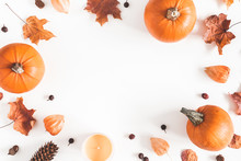 Autumn Composition. Pumpkins, Candles, Dried Leaves On White Background. Autumn, Fall, Halloween Concept. Flat Lay, Top View, Copy Space