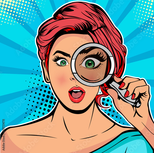 Fotomural The woman is a detective looking through magnifying glass search