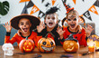 happy Halloween! a group of children in suits and with pumpkins in home