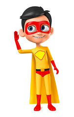 Wall Mural - Boy in superhero costume eavesdrops on a white background. 3d render illustration.