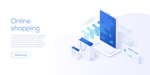 Online shopping or e-commerce isometric vector illustration. Internet store checkput procedure  concept with smartphone and bag. Credit card payment transaction via app.