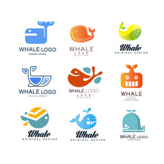 Sticker - Whale logos original design set, creative emblems can be used for travel agency, shipping company, seafood market, pool vector Illustrations on a white background