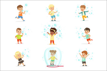 Poster - Cute little girls and boys blowing and playing soap bubbles