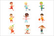 © topvectors - Small Kids Playing Sportive Games And Enjoying Different Sports Exercises Outdoors And In Gym Set Of Cartoon Illustrations