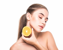 Young Woman With Citrus Fructs In Her Hands Isolated On White Background. Skin Care, Cosmetology Concept.