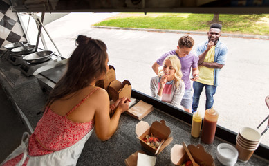 Poster - street sale and people concept - happy customers queue and saleswoman at food truck