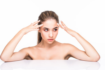 Wall Mural - Young woman portrait, skin care concept, beautiful skin and hands with manicure nails isolated on white background