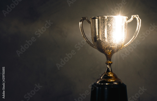 Fotografía champion golden trophy placed on wooden table