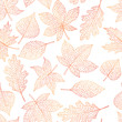 Vector autumn seamless pattern with oak, poplar, beech, maple, aspen and horse chestnut leaves outline on the white background. Fall line art of foliage.