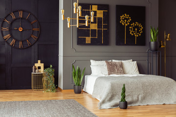Real photo of a spacious bedroom interior with grey walls, clock, paintings, plants, bed and golden accents