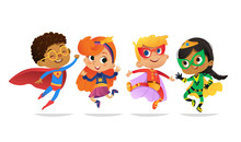 Multiracial Boys And Girls, Wearing Colorful Costumes Of Superheroes, Happy Jump. Cartoon Vector Characters Of Kid Superheroes, Isolated On White Background. For Party, Invitations, Web, Mascot.