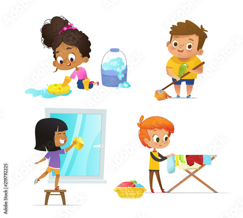 Cuadros en Lienzo Collection of children doing household routines - mopping floor, washing window, hanging clothes on drying rack