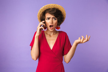 Poster - Shocked Pretty brunette woman in dress and straw hat