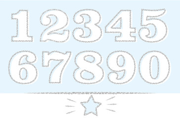 Wall Mural - Set of numbers: 1,2,3,4,5,6,7,8,9,0 with silver outline. Grey glitter texture effect. Decorative font for cute little prince(baby birthday invite). Doodle hand drawn blue star and lines. Xmas sale