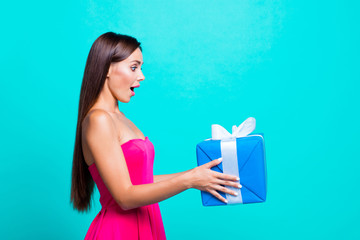 Poster - Is it for me? Half faced turned attractive with open mouth pretty amazed cheerful funny funky joyful lady taking big expensive present isolated on bright vivid background copy space