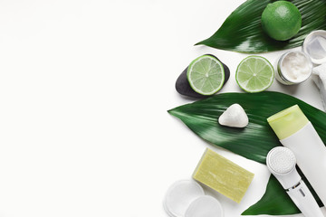 Wall Mural - natural skincare products on big green leaves