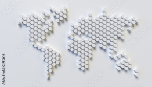 Fotografía World map wall sculpture, stylized world map made of the hexagonal patterns, 3d