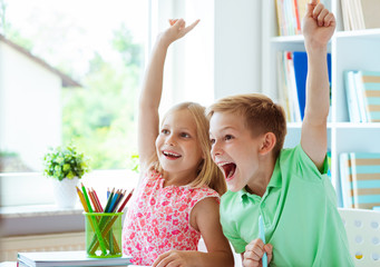 Wall Mural - Portrait of school children are came back to school and learning in classroom