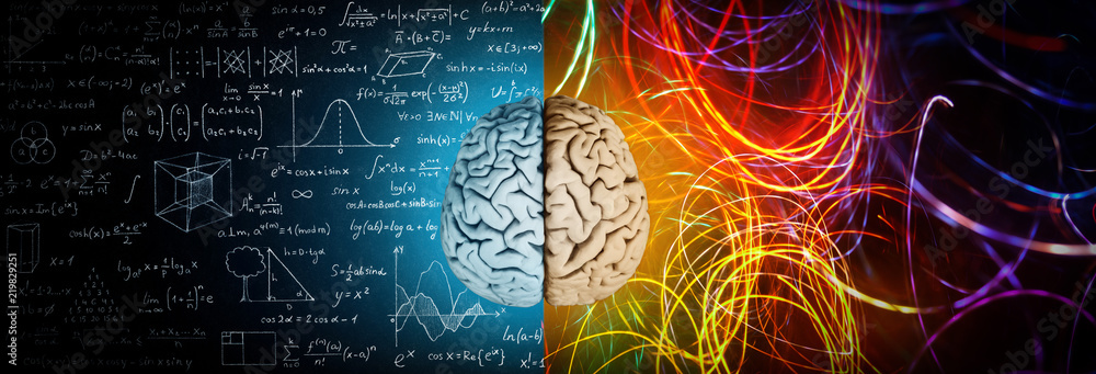 The concept of the human brain. The right creative hemisphere versus the left logical hemisphere. Education, science and medical abstract background. - obrazy, fototapety, plakaty 