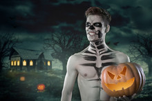 Sport And Health Food, Halloween Gourd. Young Man With Muscular Body And Pumpkin. Strong Man Body. Nude Concept. Halloween Concept. Muscular Male. Fashion Concept. Fit Sexy Photo. Hot Guy.