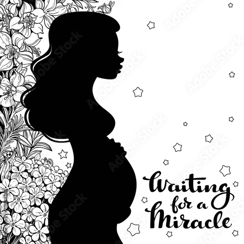 Fotografie, Obraz Silhouette of a beautiful young pregnant woman with lush hair on black and white