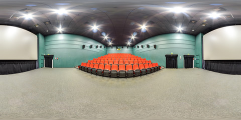 Moscow-2018: 3D spherical panorama with 360 degree viewing angle of empty cinema hall interior with red color seats and screen. Ready for virtual reality in vr. Full equirectangular projection