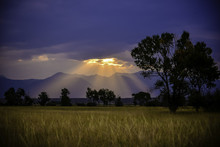 Rays On Sunshine Over A Field During A Sunrise Over Ennis, Montana Summer Morning.