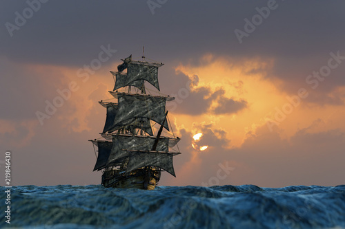 pirate ship sailing on the sea, 3D render