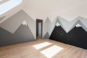 Wall Mural - Kids bedroom with mountains paint and new laminated floor