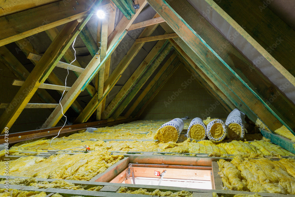 Empty attic in the house with mineral wool insulation - obrazy, fototapety, plakaty 