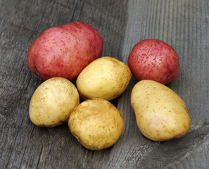 Wall Mural - white and red tubers of young potatoes on wooden background.