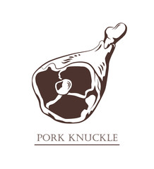 Wall Mural - Pork knuckle. Ham hock isolated on white background. Meat on the bone. Black and white hand drawn vector illustration. Icon, emblem, logo element.