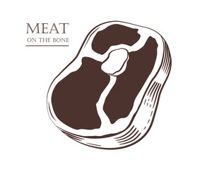 Wall Mural - Meat chunk on the bone. Steak isolated on white background. Slice of pork. Black and white hand drawn vector illustration. Icon, emblem, logo element.
