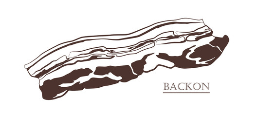 Wall Mural - Bacon isolated on white background. Slice of pork. Black and white hand drawn vector illustration. Icon, emblem, logo element.