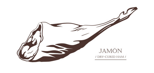 Wall Mural - Jamon. Dry-cured ham isolated on white background. Pig leg. Black and white hand drawn vector illustration. Icon, emblem, logo element.