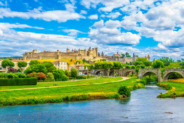 Old town of Carcassonne and pont vieux in France