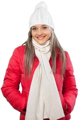 Sticker - Happy Woman in Winter Clothing with Hands in Pockets - Isolated