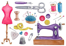 Watercolor Set Of Sewing Tools