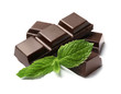 Pieces of dark chocolate with mint on white background