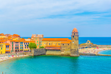 Sticker - Church of Our Lady of the Angels and the royal castle in Collioure, France