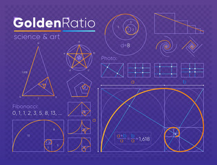 Wall Mural - Vector set of various figures and shapes in law of golden ratio composed on purple transparent background