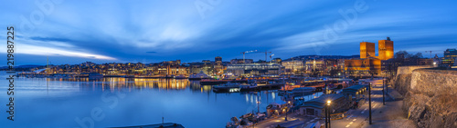Oslo panorama night city skyline at Oslo City Hall and Harbour, Oslo Norway Canvas Print