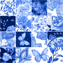 Fashion Seamless Texture With Blue Floral Patchwork Pattern. Watercolor Painting