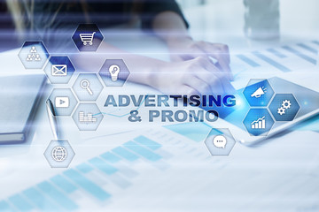 Wall Mural - avertising, marketing strategy. icons and graphs on virtual screen. business, internet and technolog