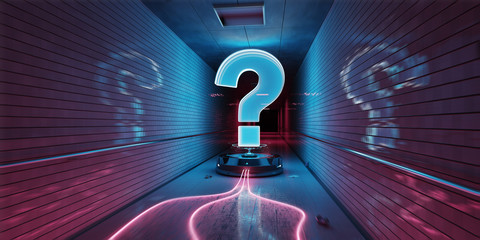 Question marks digital hologram in underground 3D rendering