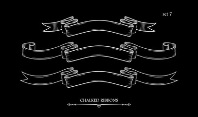 Wall Mural - set of chalk ribbons isolated on black background. collection of retro labels, banners and logo elem