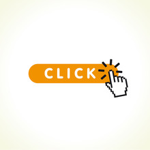 Click Here Button With Hand Icon. Clicking Symbol With Orange Button And Hand Pixel Sign. Vector Illustration